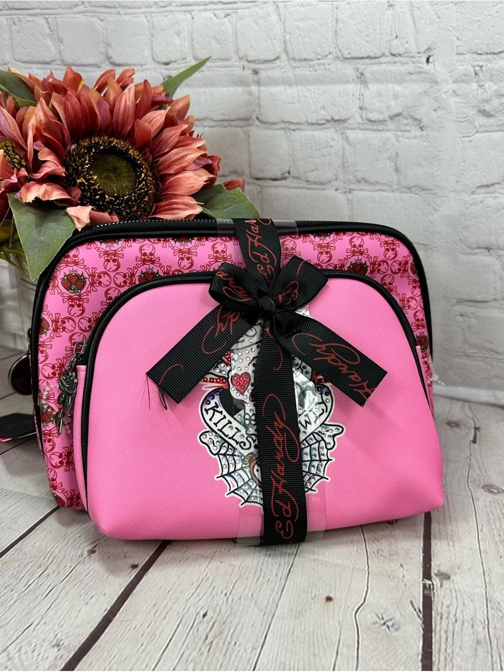 NWT Ed Hardy Cosmetic Bag 2pc graphic print makeup bag punk glam tattoo art Y2K